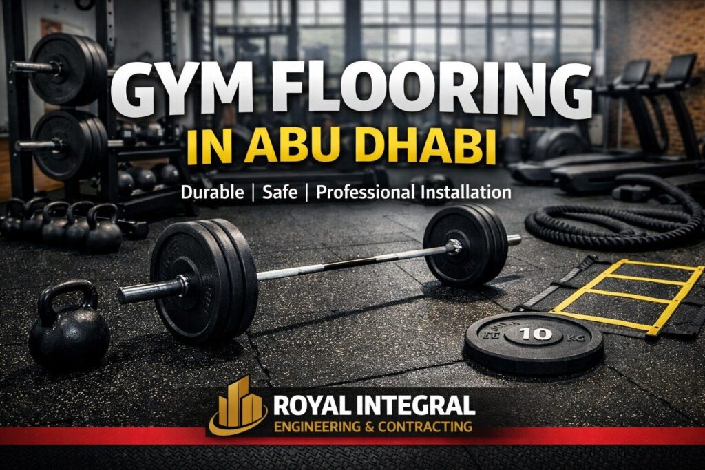 Professional rubber gym flooring installation in Abu Dhabi by Royal Integral Engineering & Contracting for commercial and home fitness gyms
